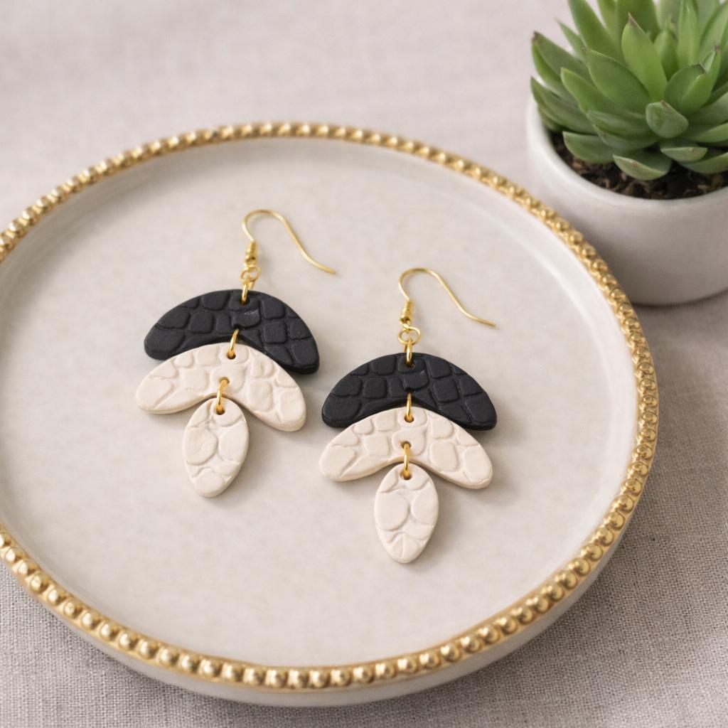 Black Ivory Textured Polymer Clay Dangle Earrings, 18K Gold Plated Hooks