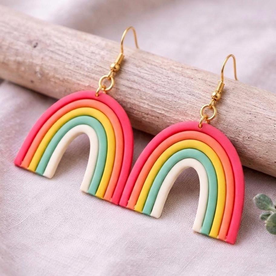 Rainbow Polymer Clay Earrings | 18K Gold Plated Stainless Steel Hooks | Boho Colorful Dangle Gift
