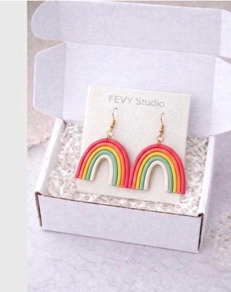 Rainbow Polymer Clay Earrings | 18K Gold Plated Stainless Steel Hooks | Boho Colorful Dangle Gift