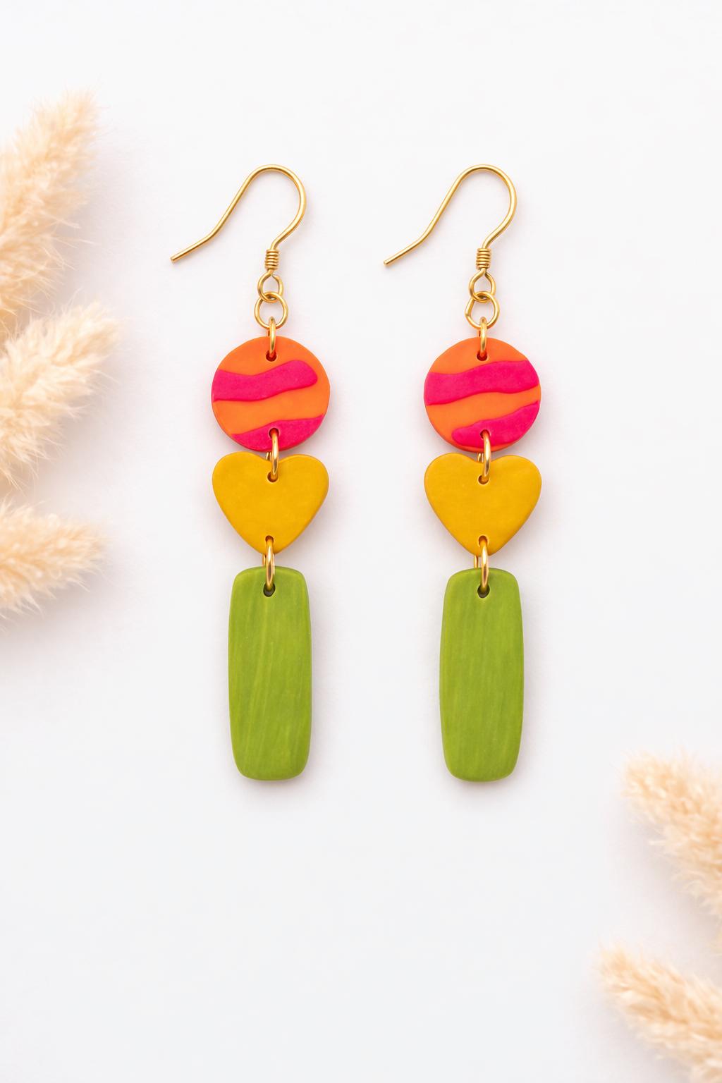Handmade Polymer Clay Dangle Earrings | 18K Gold Plated Hooks, Lightweight Boho Jewelry