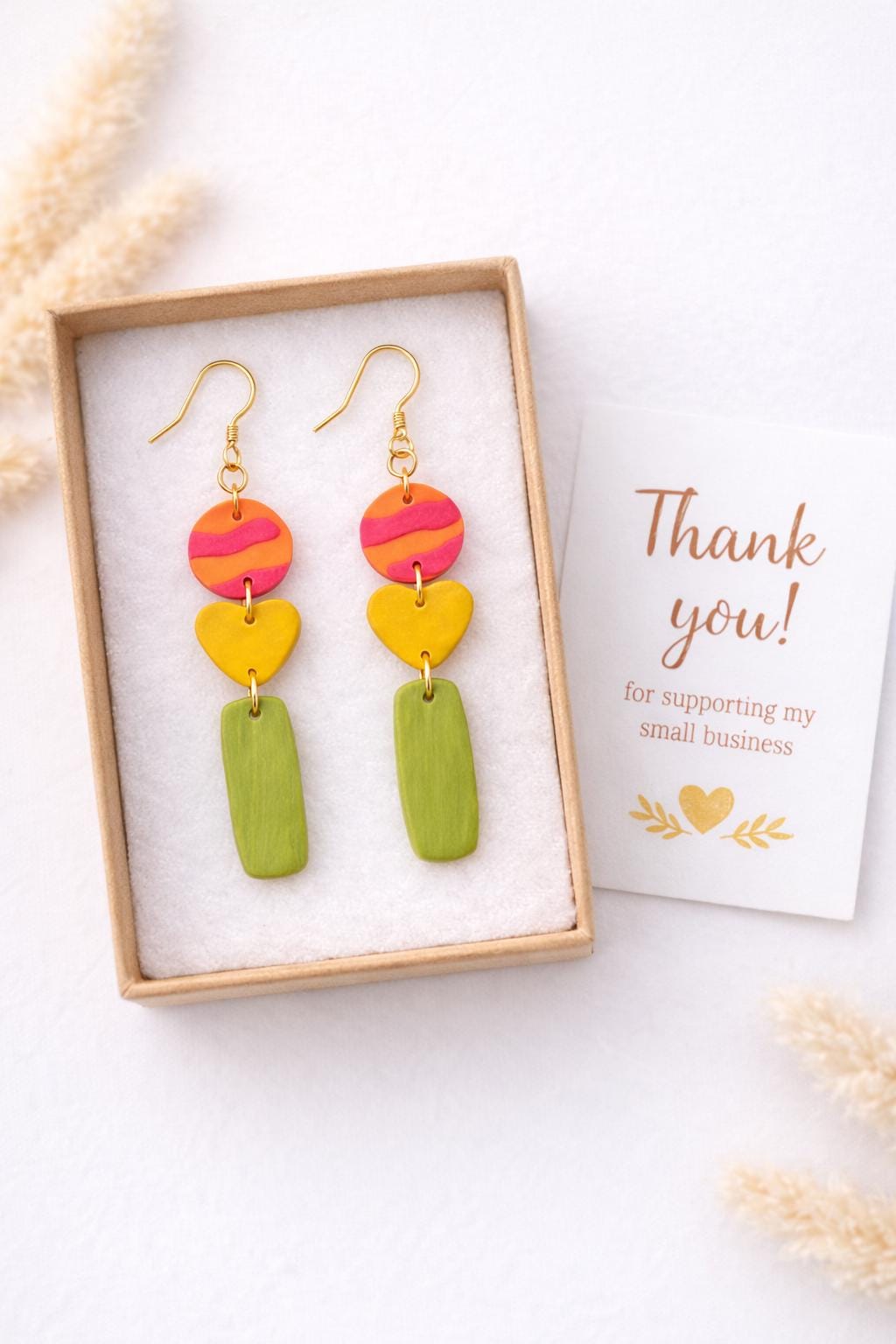 Handmade Polymer Clay Dangle Earrings | 18K Gold Plated Hooks, Lightweight Boho Jewelry