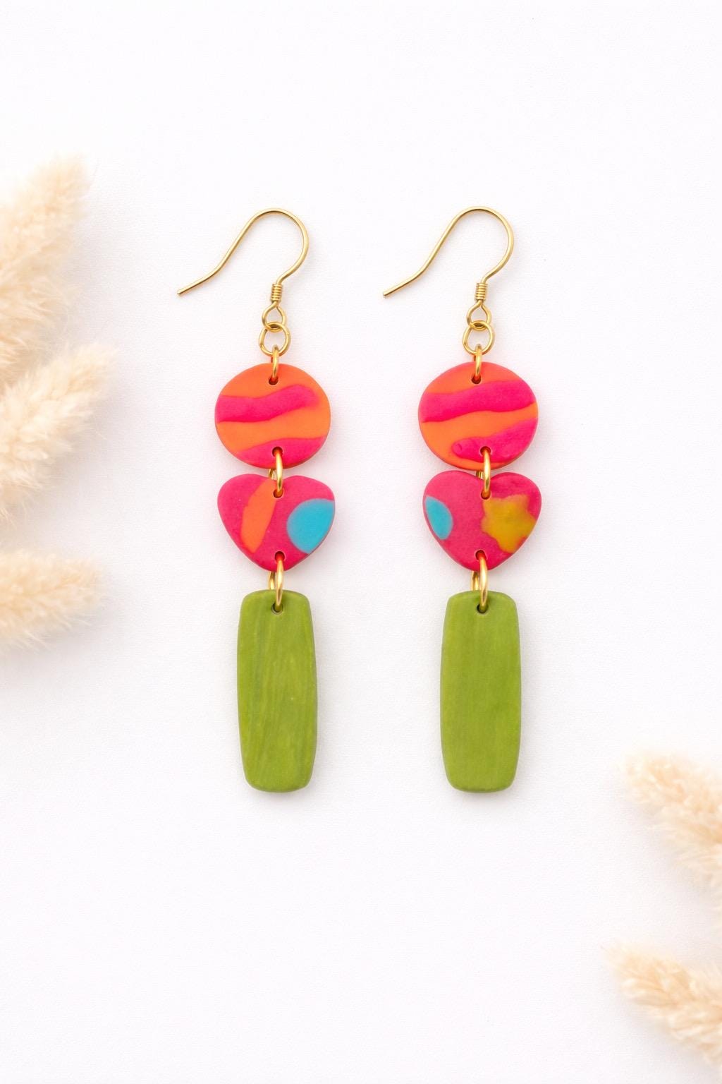 Handmade Polymer Clay Dangle Earrings, 18k Gold Plated Hooks, Boho Chic Statement Jewelry