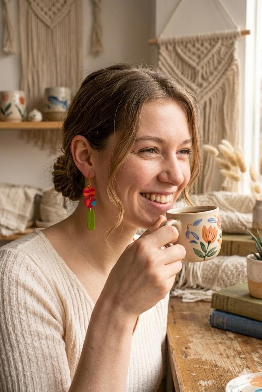 Handmade Polymer Clay Dangle Earrings, 18k Gold Plated Hooks, Boho Chic Statement Jewelry