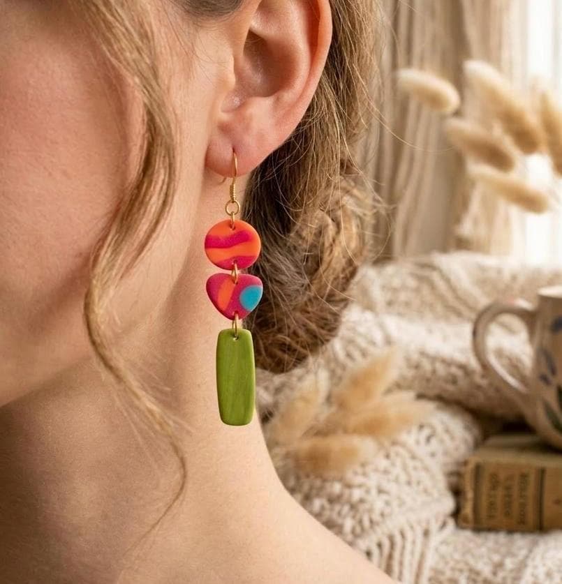 Handmade Polymer Clay Dangle Earrings, 18k Gold Plated Hooks, Boho Chic Statement Jewelry