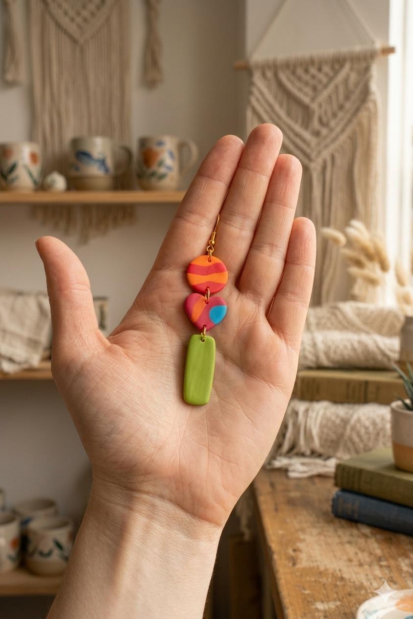 Handmade Polymer Clay Dangle Earrings, 18k Gold Plated Hooks, Boho Chic Statement Jewelry