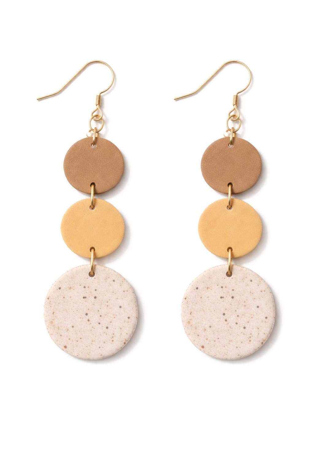 Handmade Neutral Boho Dangle Earrings, 18K Gold Plated Hooks, Lightweight Clay