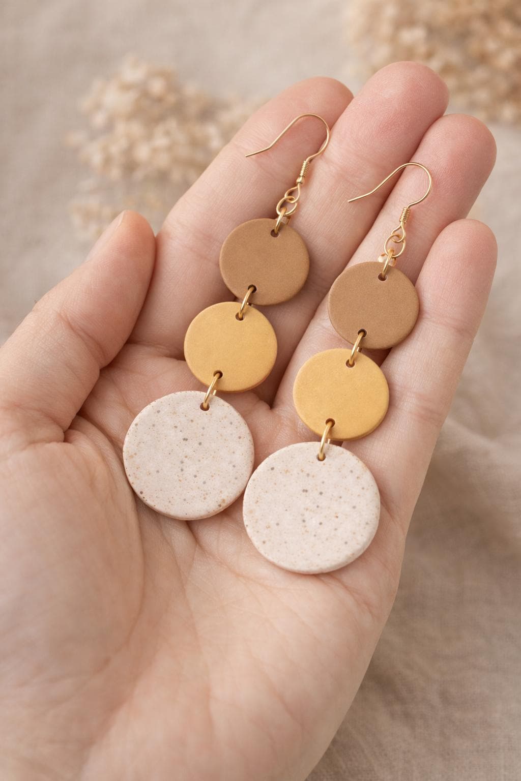 Handmade Neutral Boho Dangle Earrings, 18K Gold Plated Hooks, Lightweight Clay