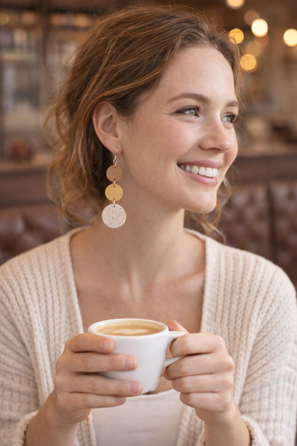 Handmade Neutral Boho Dangle Earrings, 18K Gold Plated Hooks, Lightweight Clay