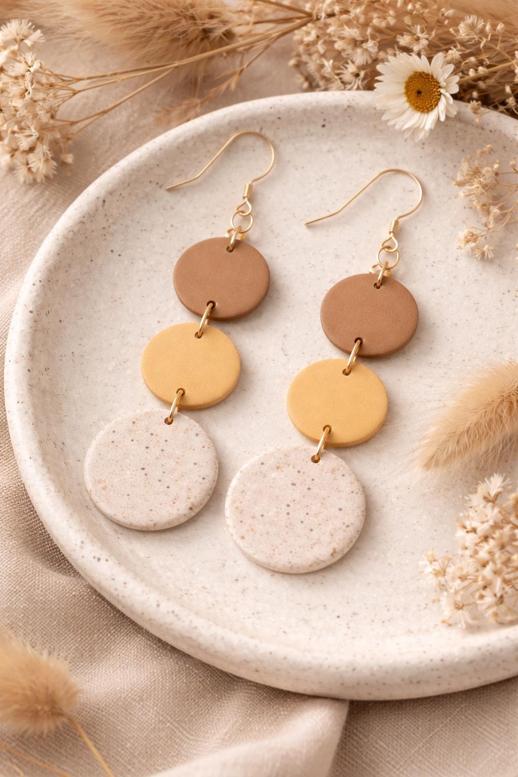 Handmade Neutral Boho Dangle Earrings, 18K Gold Plated Hooks, Lightweight Clay