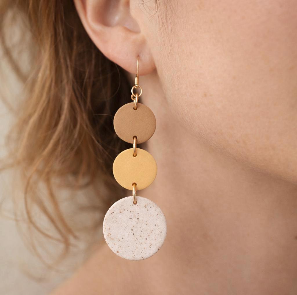 Handmade Neutral Boho Dangle Earrings, 18K Gold Plated Hooks, Lightweight Clay