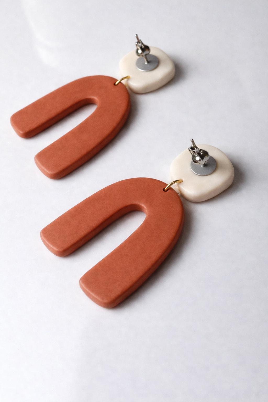 Handmade Polymer Clay Arch Earrings, Modern Neutral Statement Jewelry