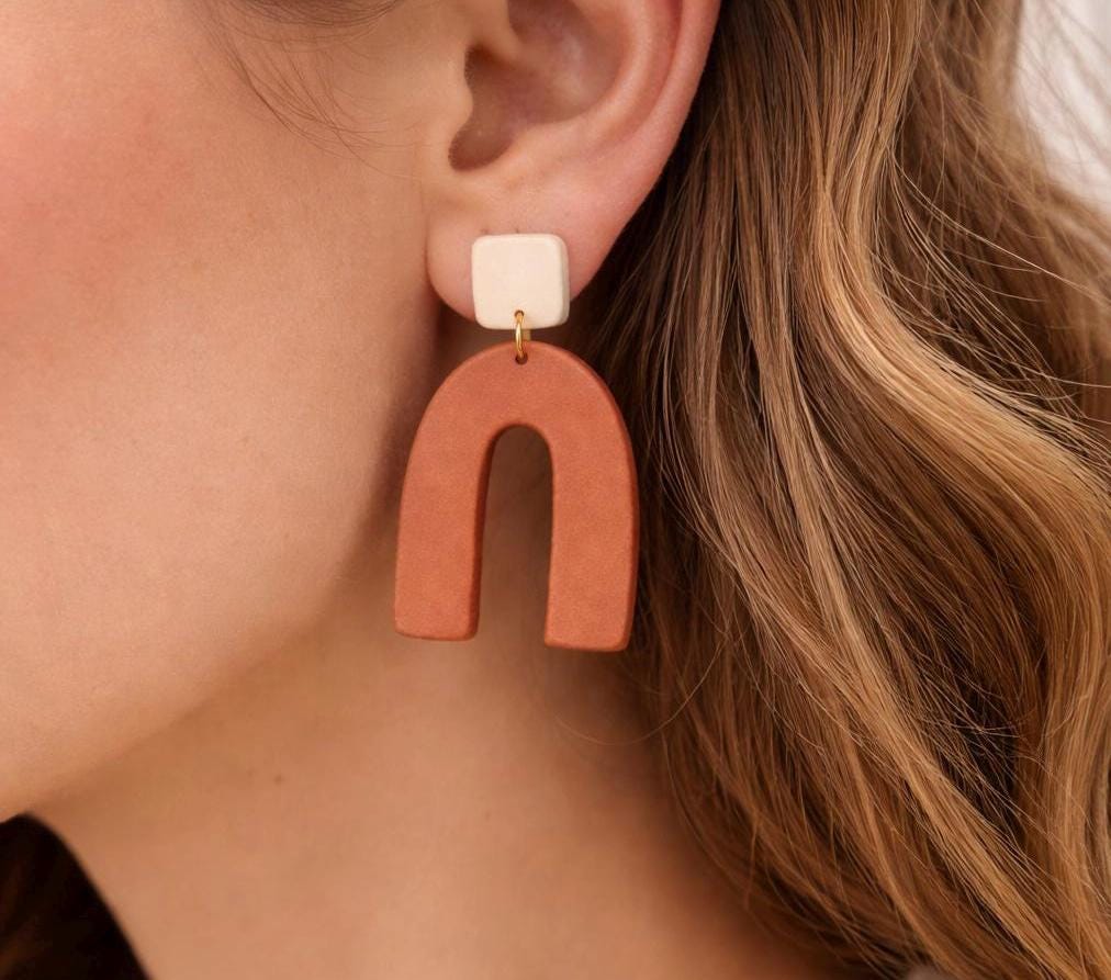 Handmade Polymer Clay Arch Earrings, Modern Neutral Statement Jewelry