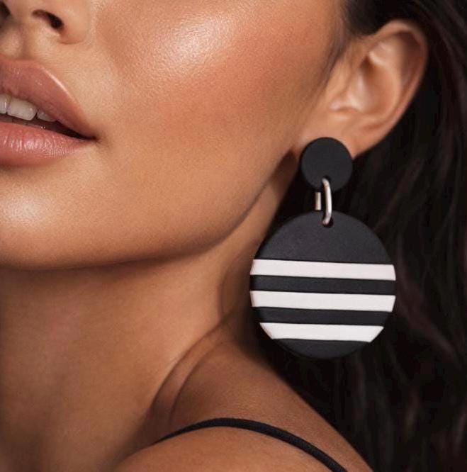 Black and White Polymer Clay Earrings, Striped Statement Earrings, Minimalist Handmade Dangle Earrings, Lightweight Modern Jewelry, Gift for