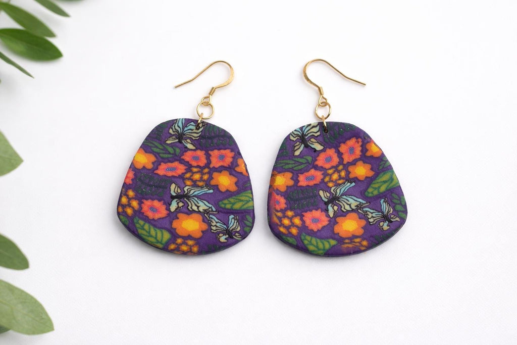 Floral Butterfly Polymer Clay Earrings | Statement Earrings | 18K Gold Plated Hooks | Ready to Gift Packaging