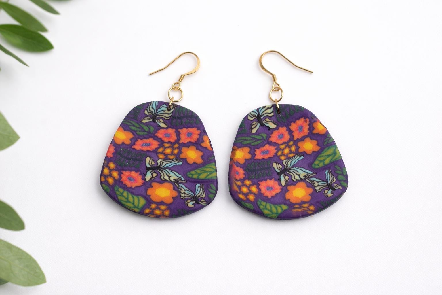 Floral Butterfly Polymer Clay Earrings | Statement Earrings | 18K Gold Plated Hooks | Ready to Gift Packaging