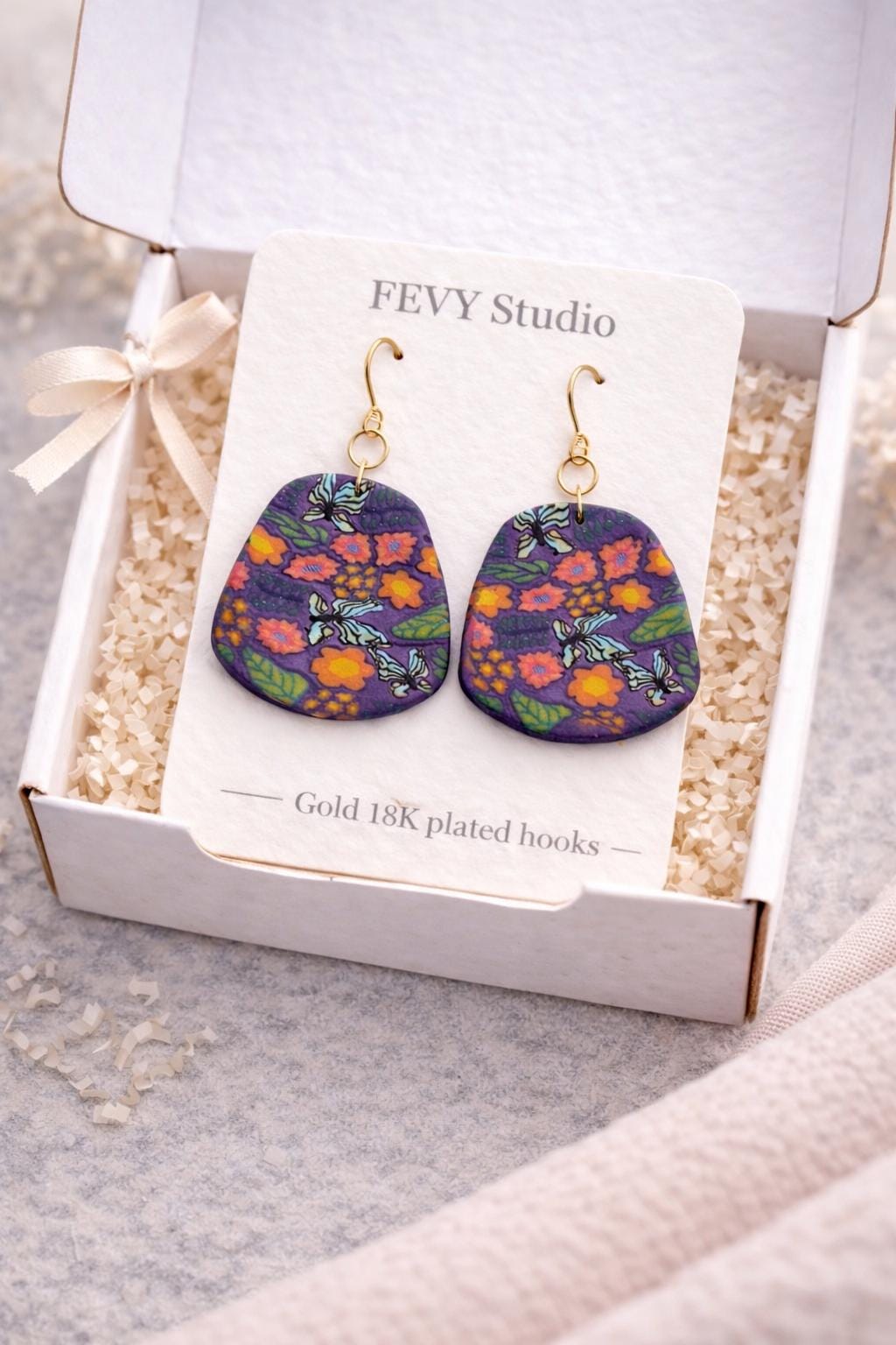 Floral Butterfly Polymer Clay Earrings | Statement Earrings | 18K Gold Plated Hooks | Ready to Gift Packaging