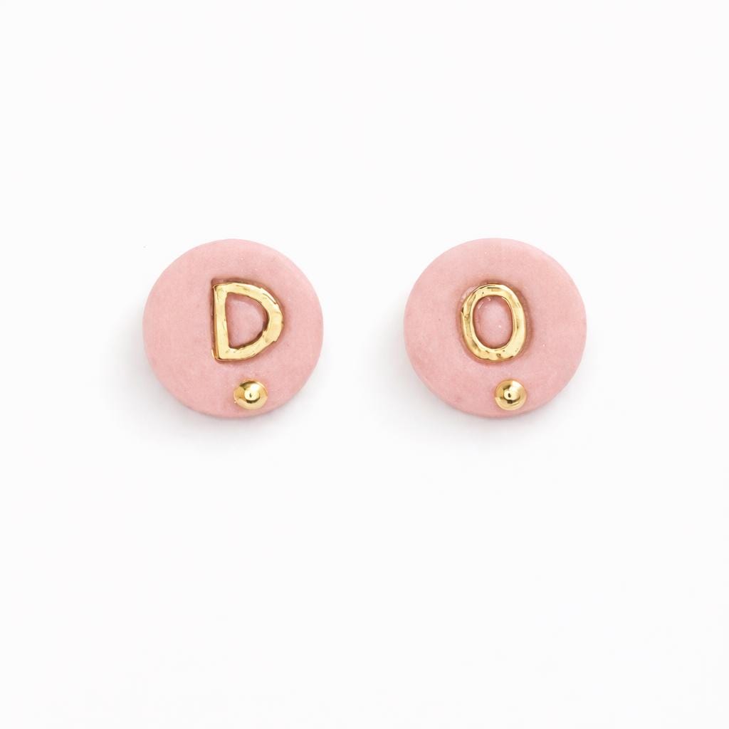 Personalized Pink Clay Initial Stud Earrings, Minimalist Gold Letter Jewelry