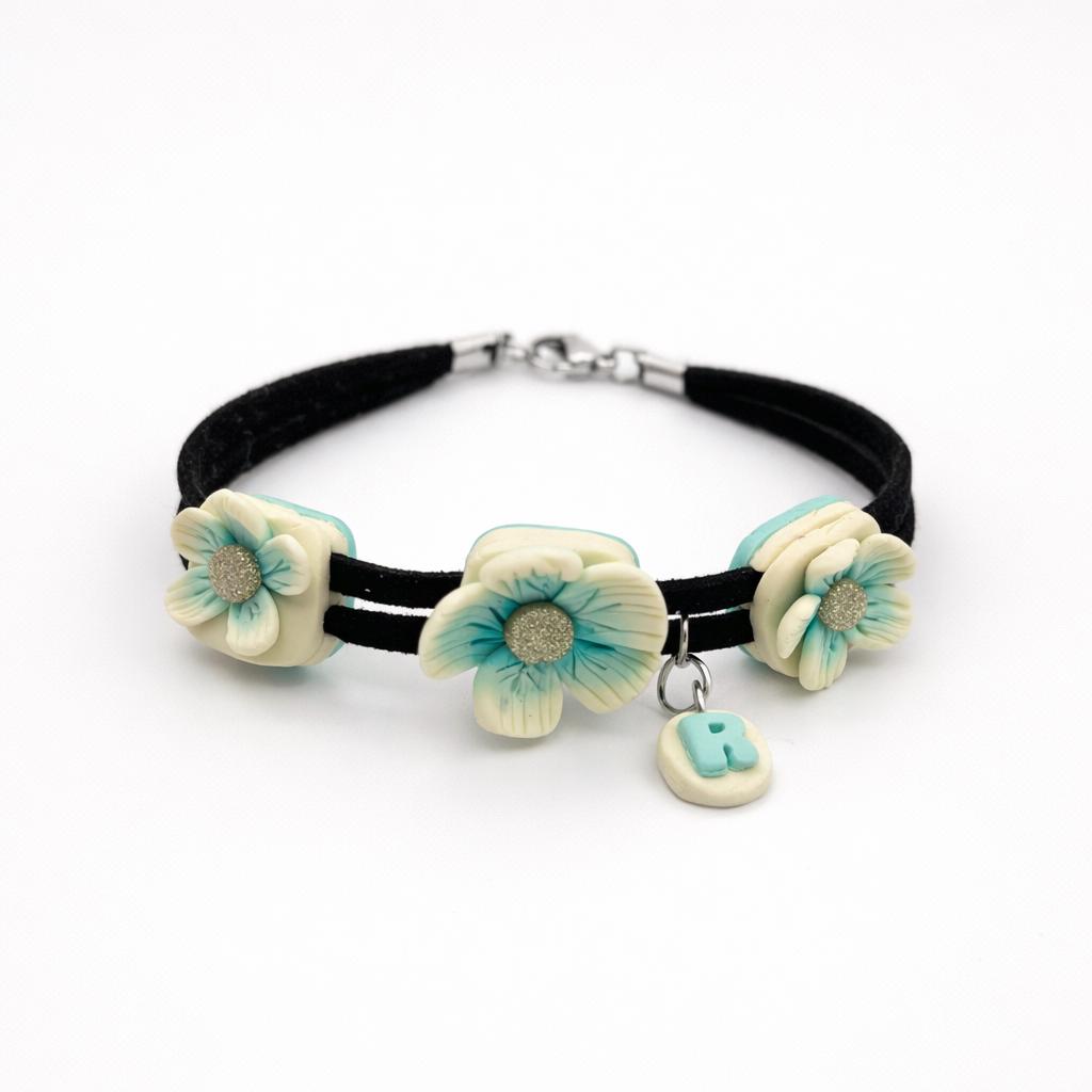 Personalized Initial Bracelet, Custom Name Flower Bracelet, Handmade Floral Jewelry, Vegan Suede Cord, Dainty Gift for Her, Boho Bracelet