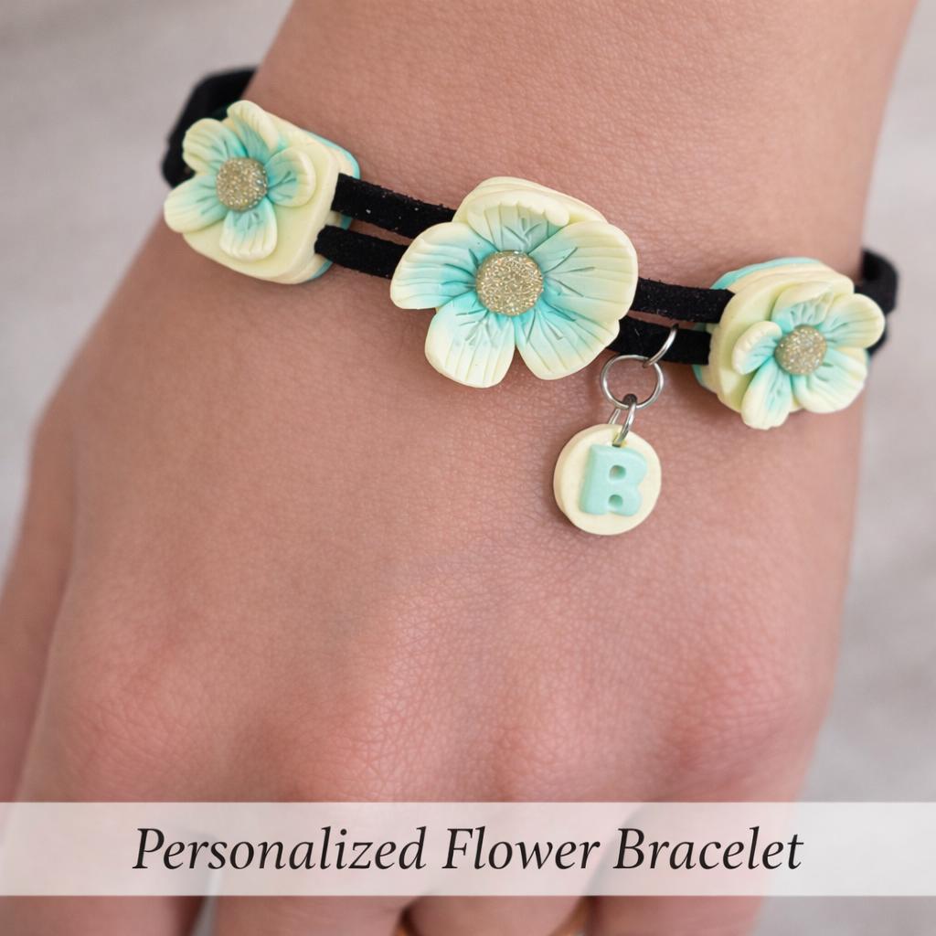 Personalized Initial Bracelet, Custom Name Flower Bracelet, Handmade Floral Jewelry, Vegan Suede Cord, Dainty Gift for Her, Boho Bracelet