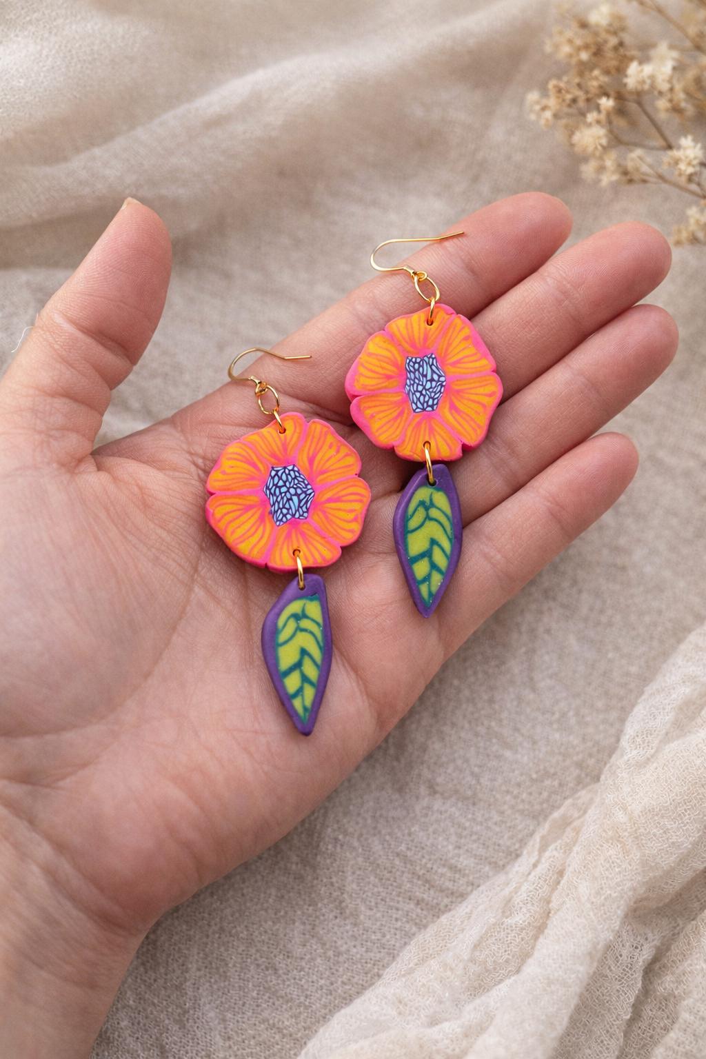 Handmade Polymer Clay Flower Earrings, Abstract Millefiori Cane Dangle Jewelry