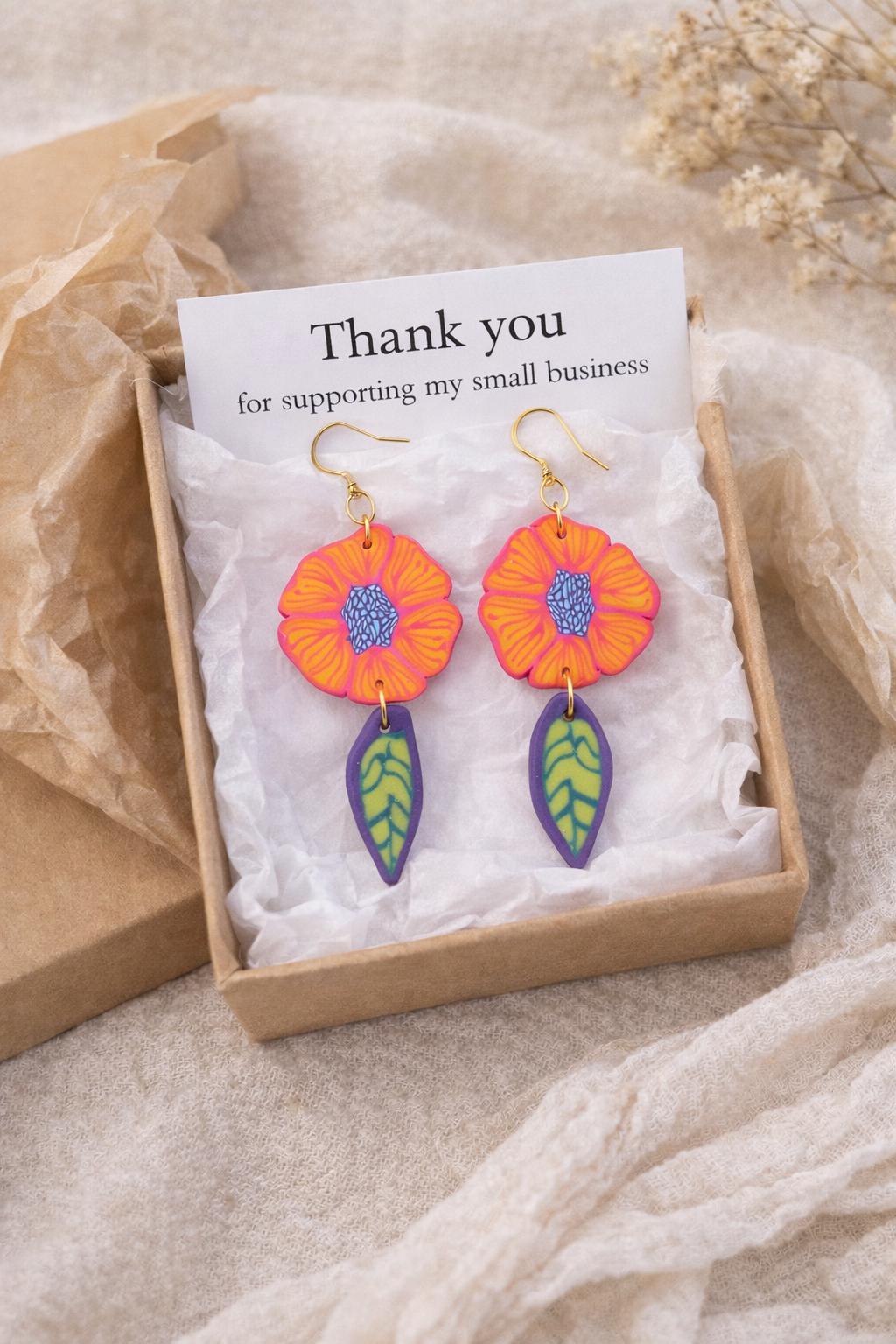 Handmade Polymer Clay Flower Earrings, Abstract Millefiori Cane Dangle Jewelry