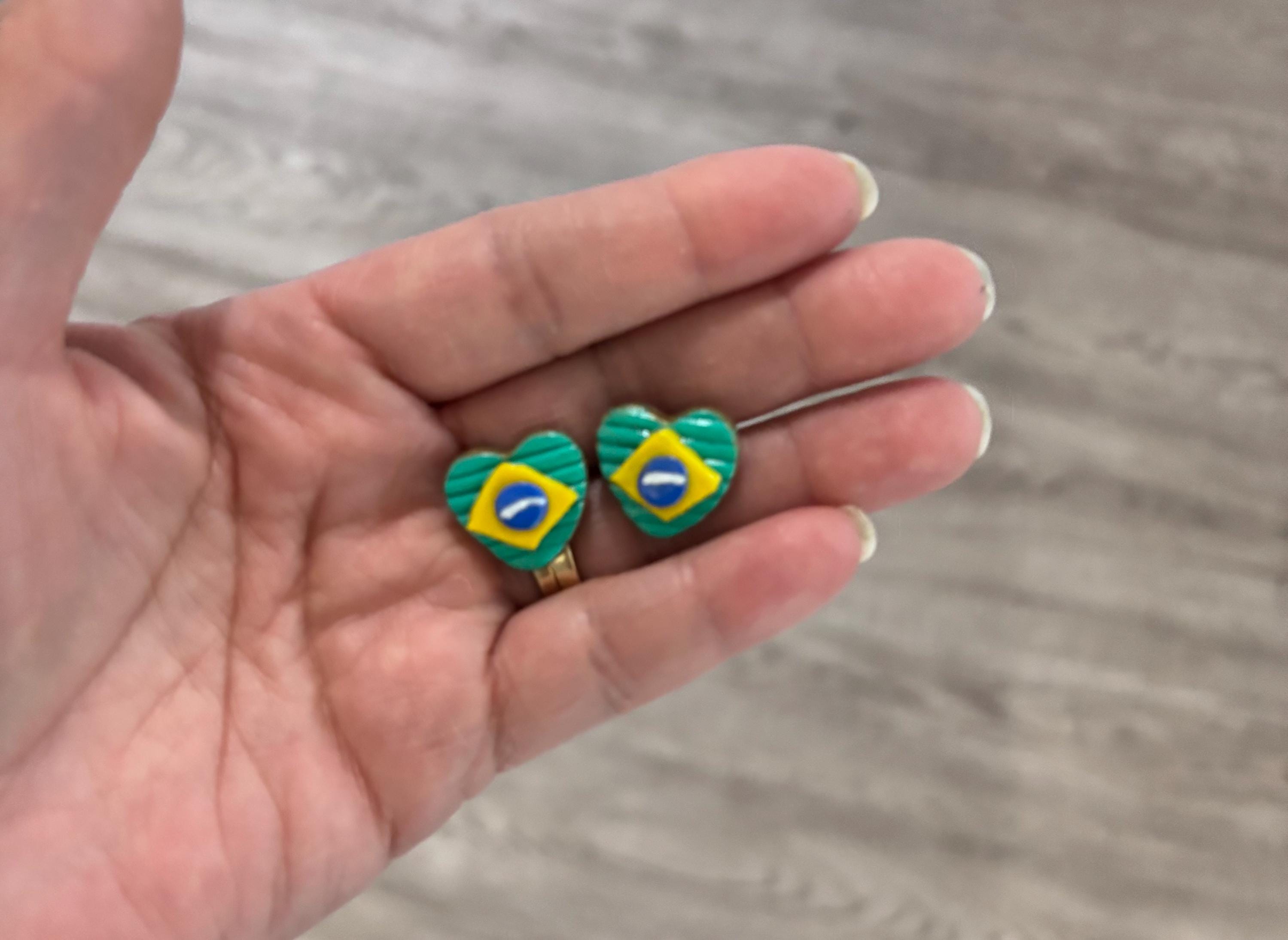 Brazil Flag Heart Stud Earrings | Handmade Polymer Clay | Soccer Fan Gift