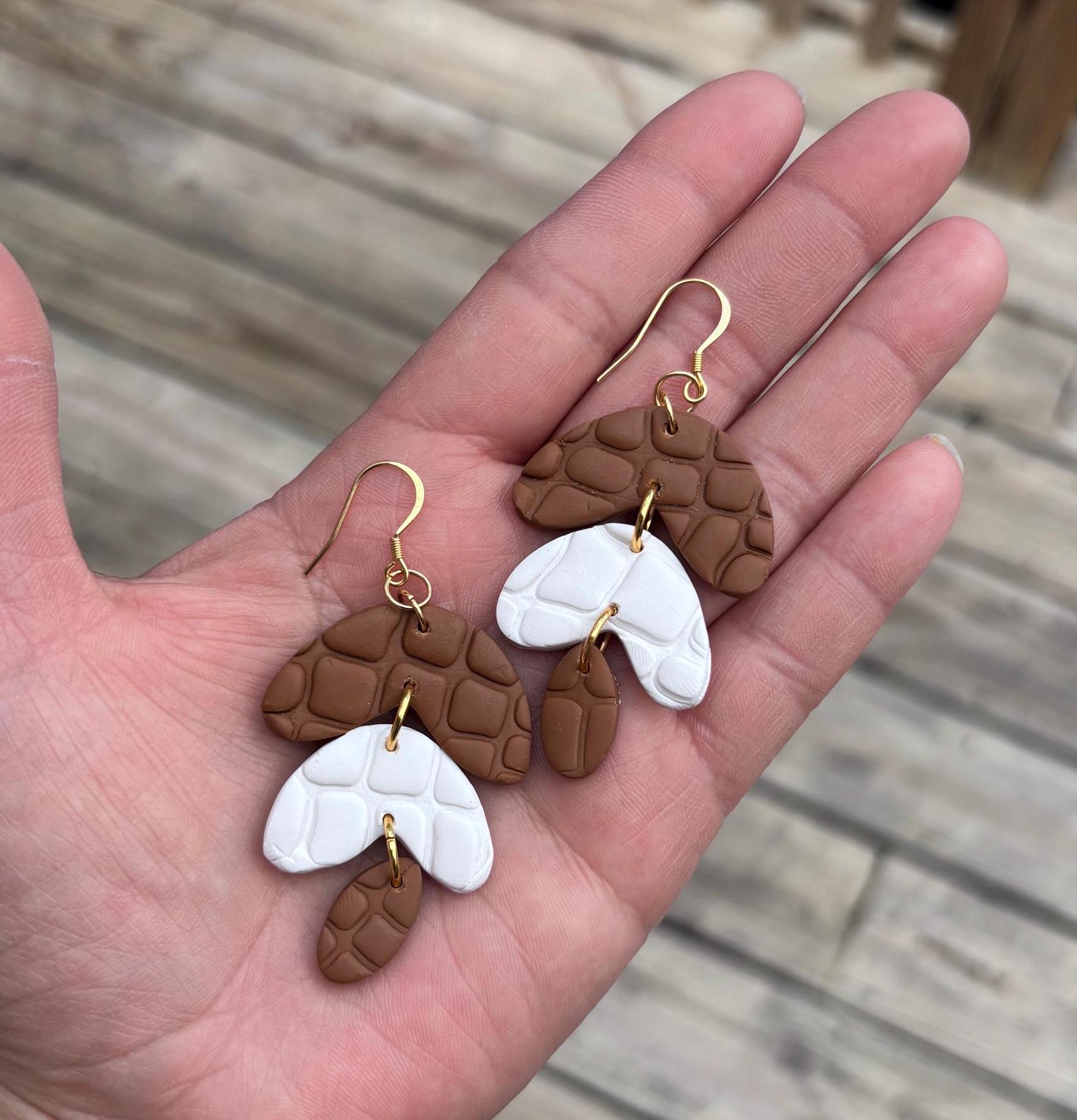 Handmade Polymer Clay Earrings, Crocodile Texture Dangle, 18K Gold Plated Hooks