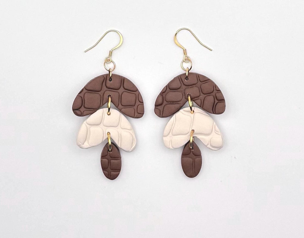 Handmade Polymer Clay Earrings, Crocodile Texture Dangle, 18K Gold Plated Hooks