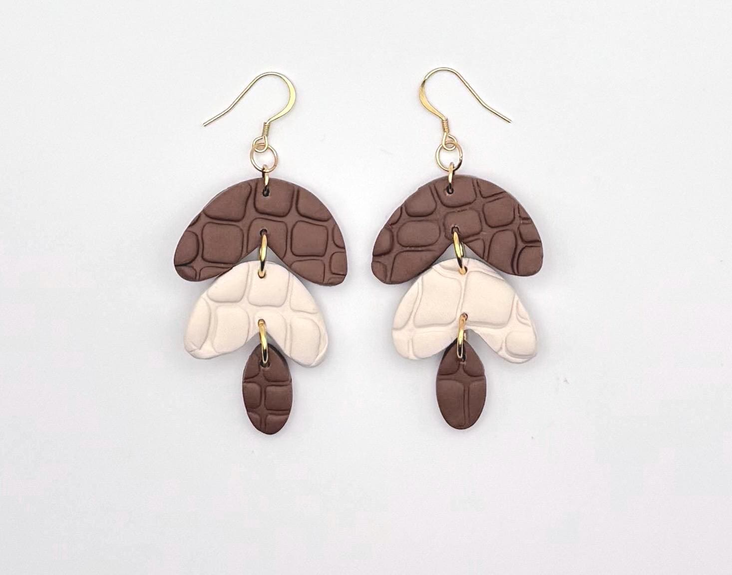 Handmade Polymer Clay Earrings, Crocodile Texture Dangle, 18K Gold Plated Hooks