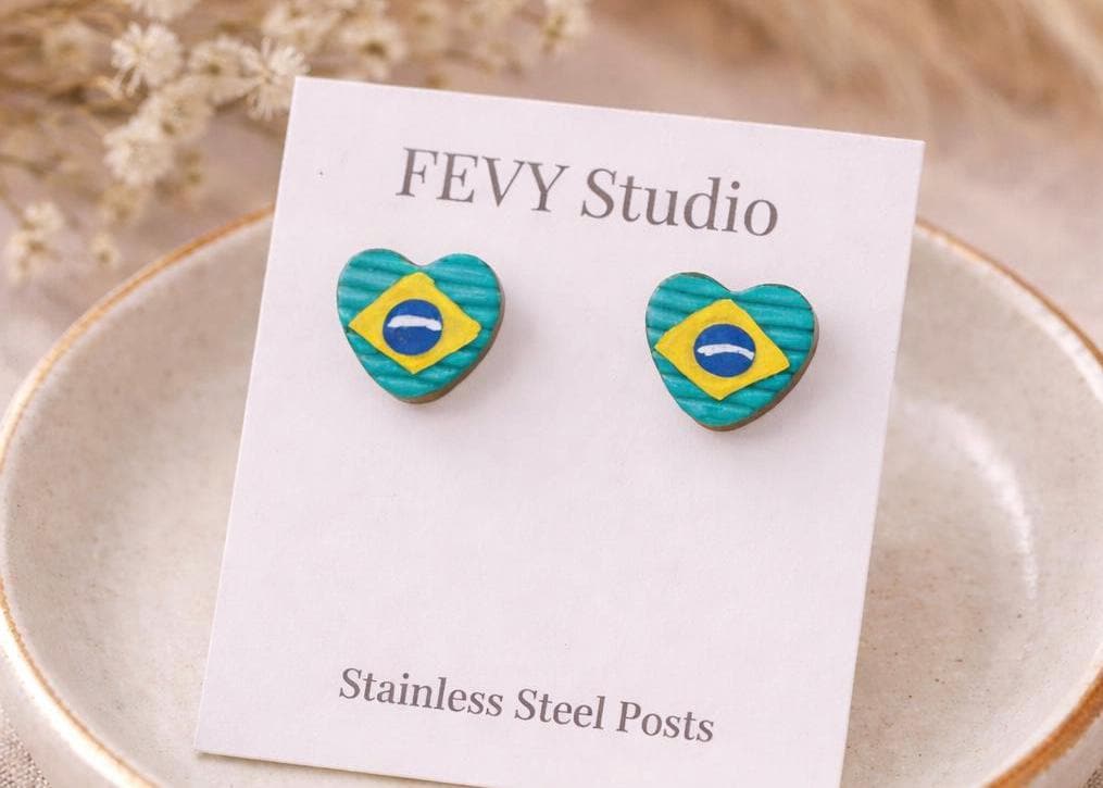 Brazil Flag Heart Stud Earrings | Handmade Polymer Clay | Soccer Fan Gift