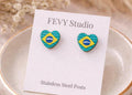 Brazil Flag Heart Earrings, Brazilian Stud Earrings, Handmade Polymer Clay Earrings, Gift for Her, Stainless Steel Earrings, Brazil Jewelry