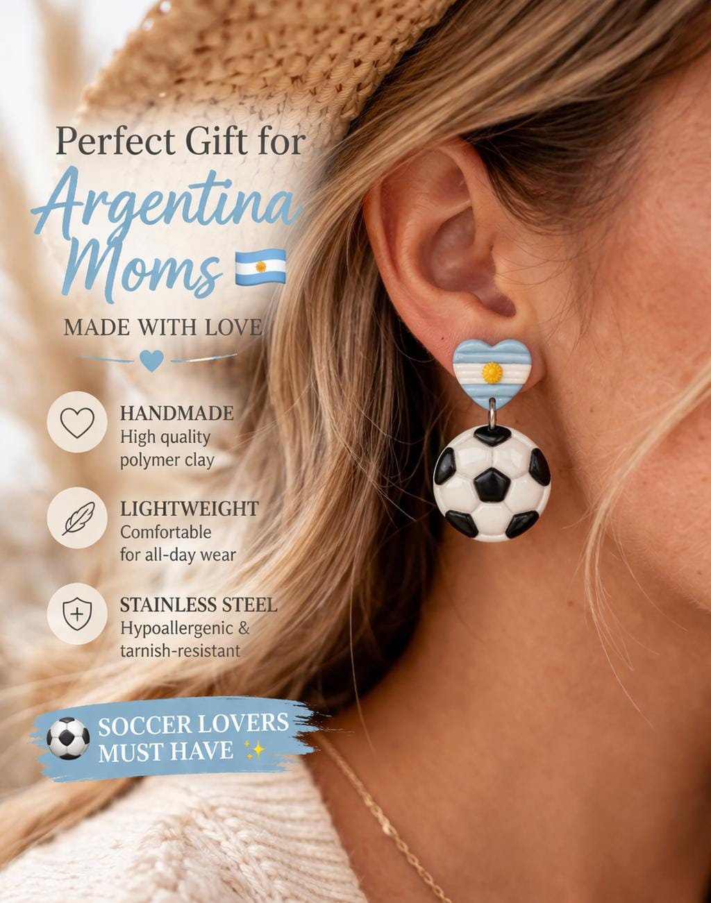 Argentina Soccer Earrings for Mom, Handmade Football Earrings, Argentine Flag Jewelry, Polymer Clay Earrings, Stainless Steel, Soccer Mom