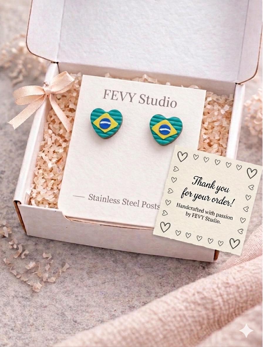 Brazil Flag Heart Stud Earrings | Handmade Polymer Clay | Soccer Fan Gift
