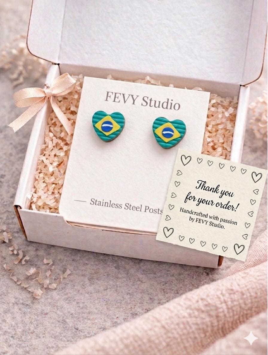 Brazil Flag Heart Earrings, Brazilian Stud Earrings, Handmade Polymer Clay Earrings, Gift for Her, Stainless Steel Earrings, Brazil Jewelry