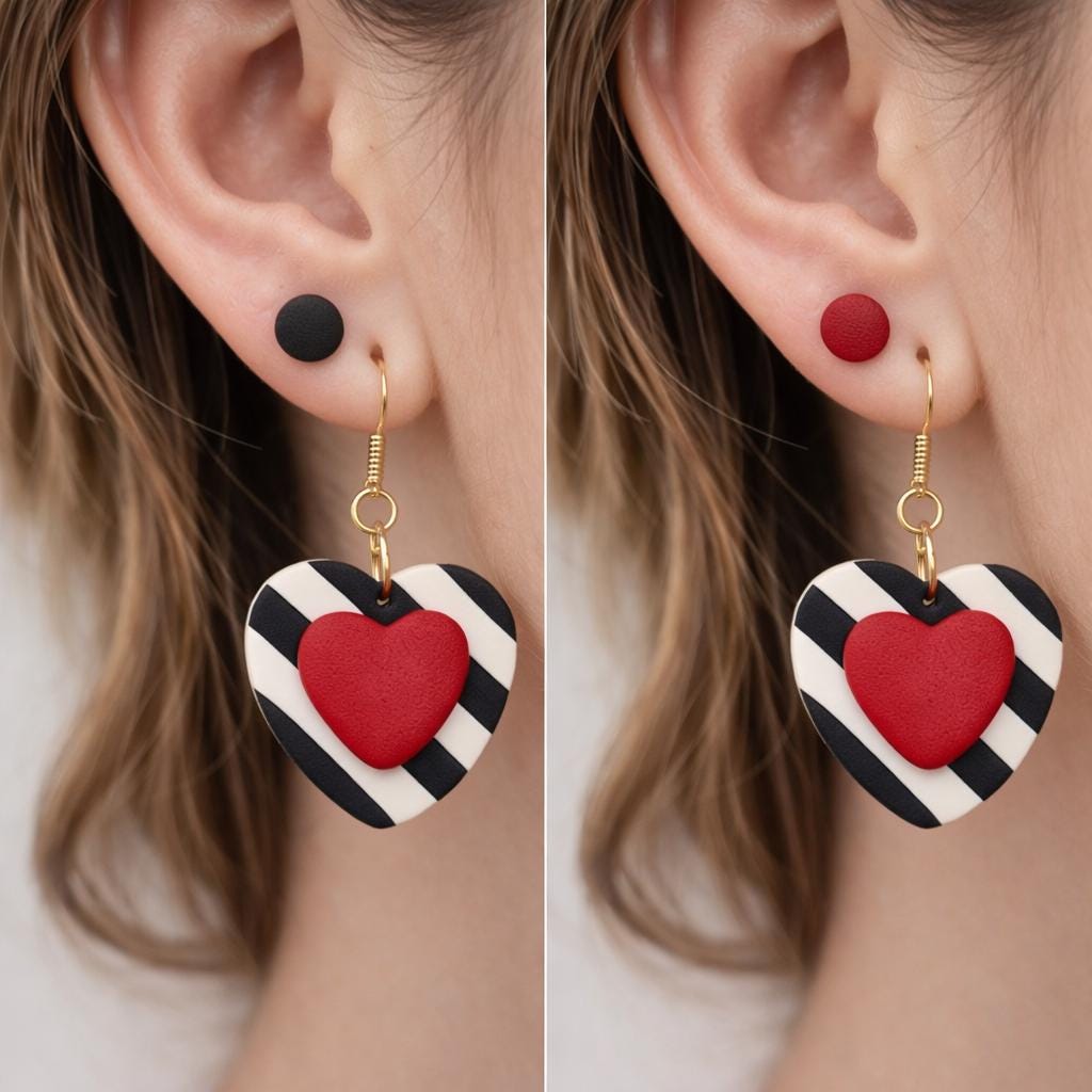 Heart Dangle Earrings Set, Black White Stripes, Red Studs, Polymer Clay Ear Stack