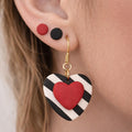 Heart Dangle Earrings Set, Black White Stripes, Red Studs, Polymer Clay Ear Stack