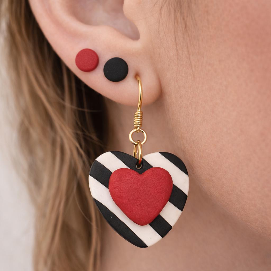 Heart Dangle Earrings Set, Black White Stripes, Red Studs, Polymer Clay Ear Stack
