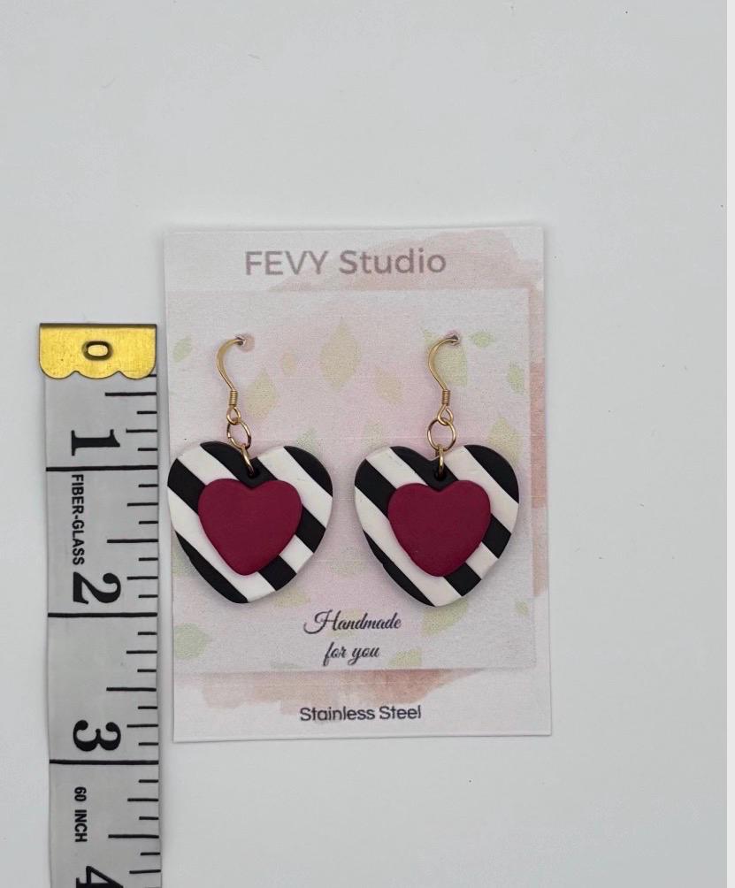 Heart Dangle Earrings Set, Black White Stripes, Red Studs, Polymer Clay Ear Stack