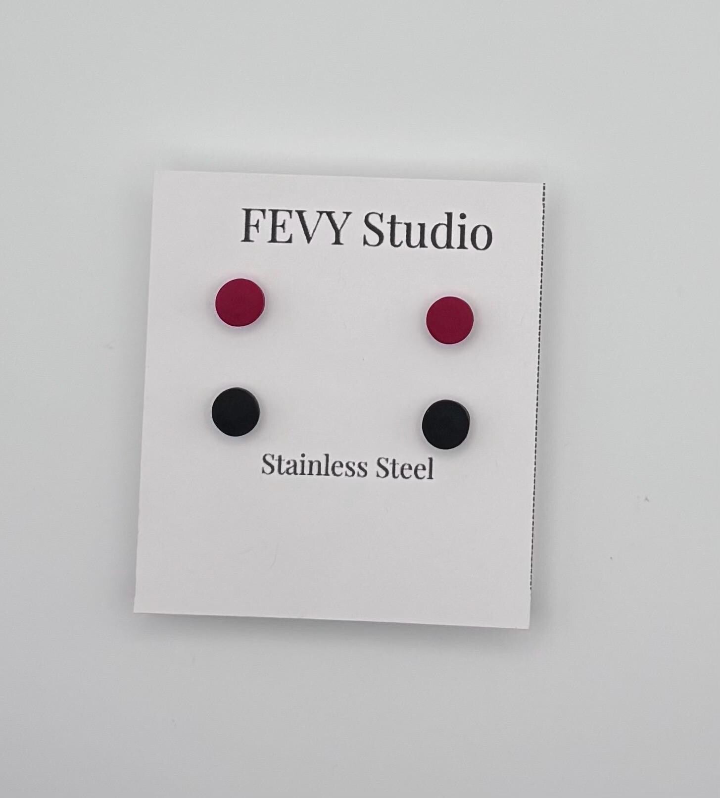 Heart Dangle Earrings Set, Black White Stripes, Red Studs, Polymer Clay Ear Stack