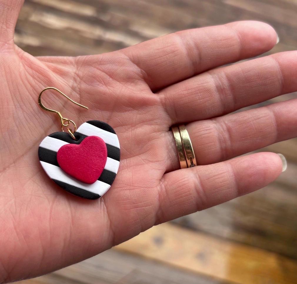Heart Dangle Earrings Set, Black White Stripes, Red Studs, Polymer Clay Ear Stack