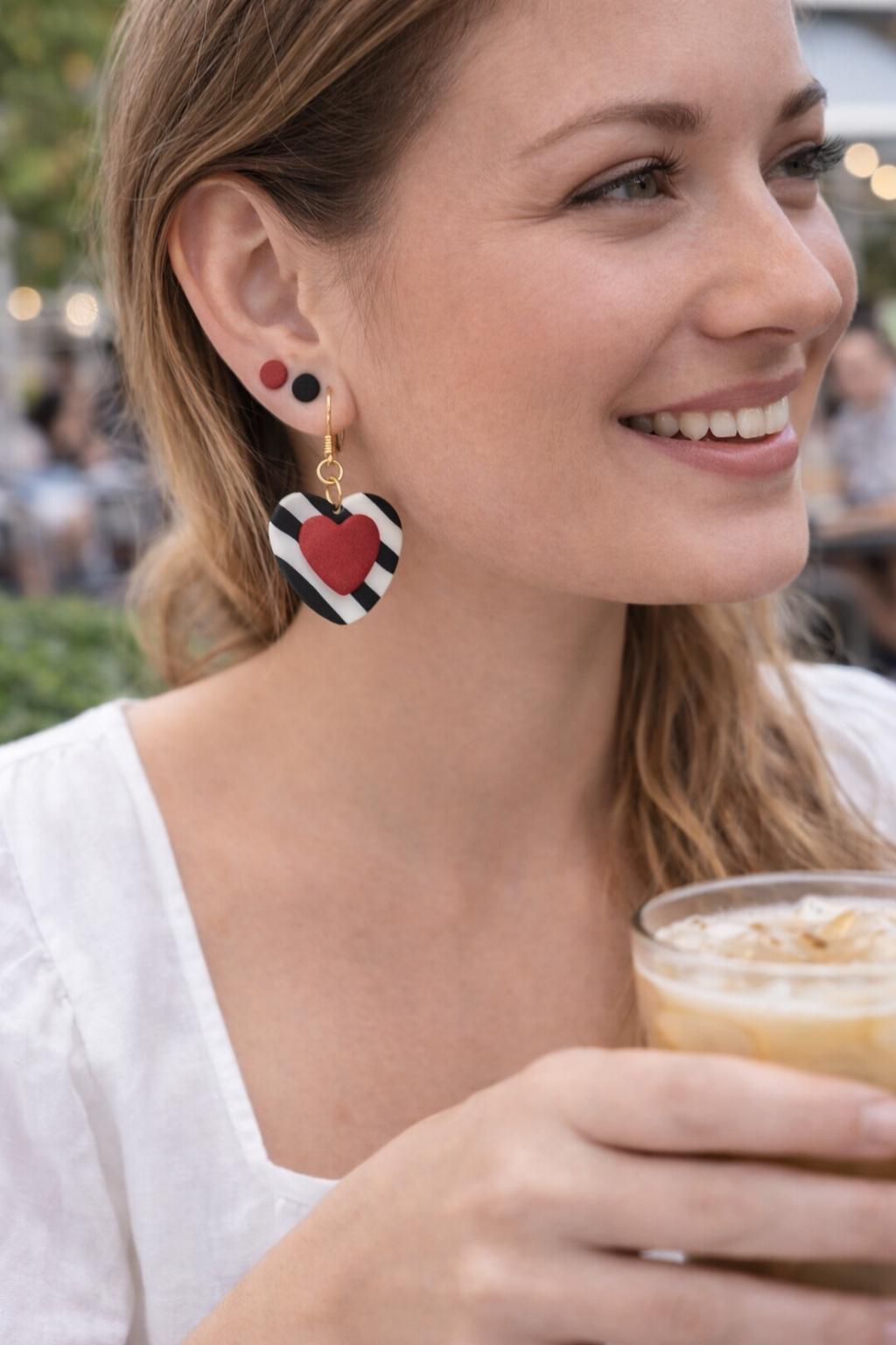 Heart Dangle Earrings Set, Black White Stripes, Red Studs, Polymer Clay Ear Stack