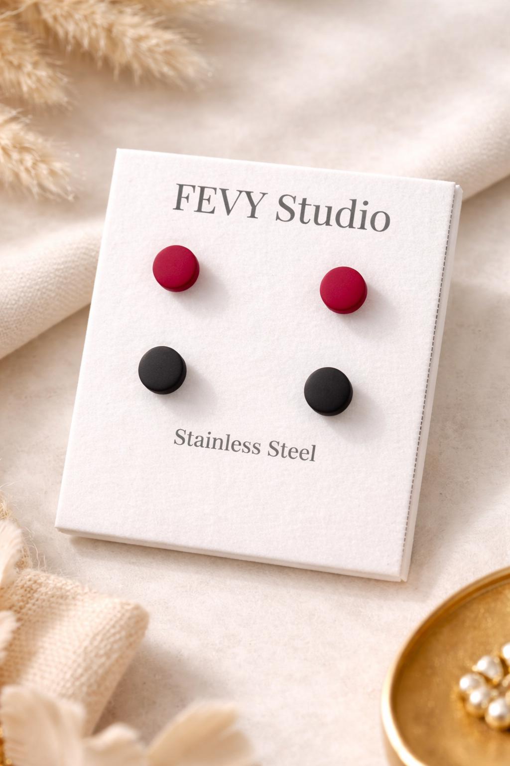 Polymer Clay Stud Earrings Set, Red & Black  Stainless Steel Post, Small Everyday Earrings, Handmade Jewelry Gif