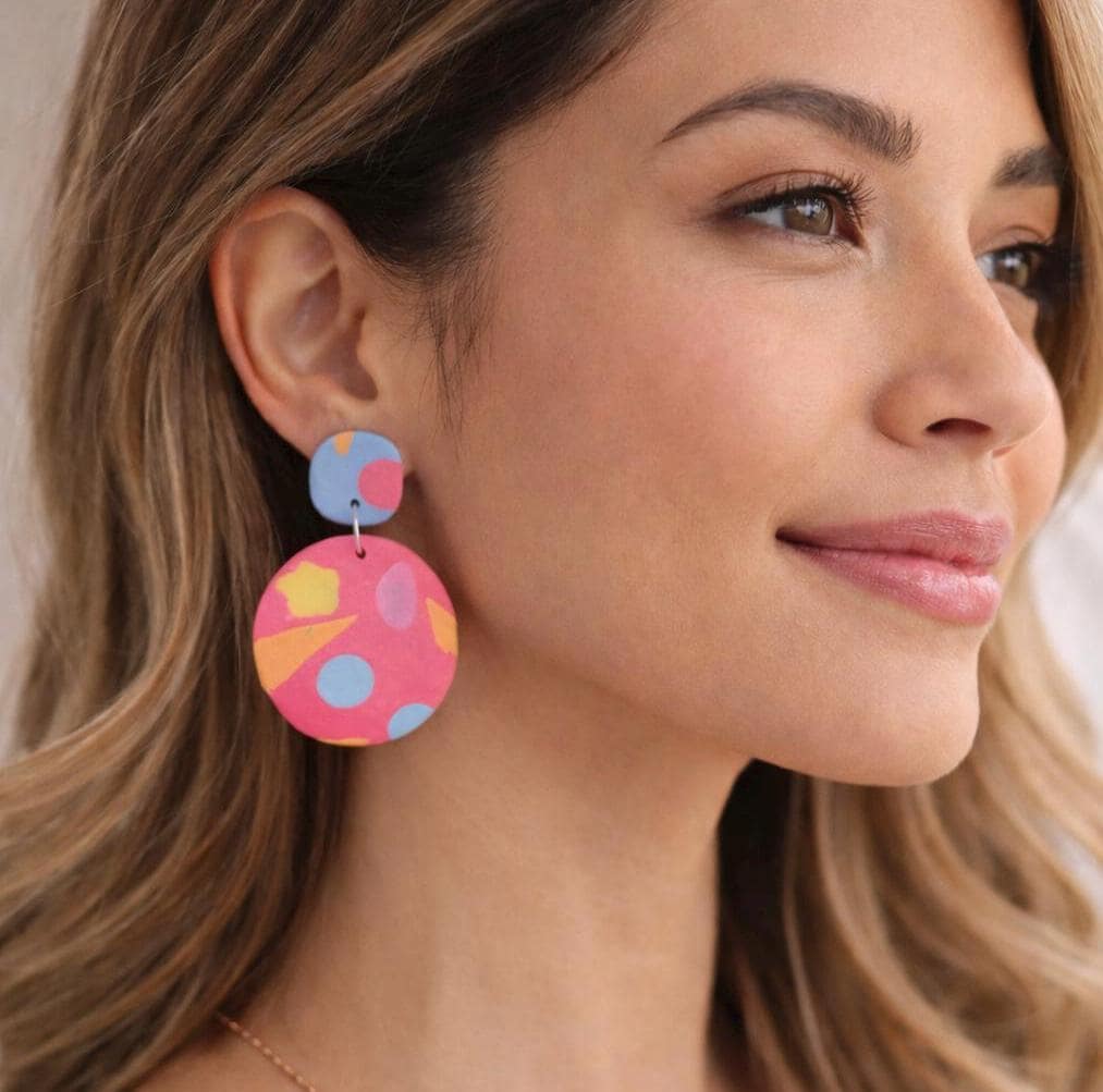 Handmade Colorful Polymer Clay Statement Earrings, Abstract Summer Boho Jewelry