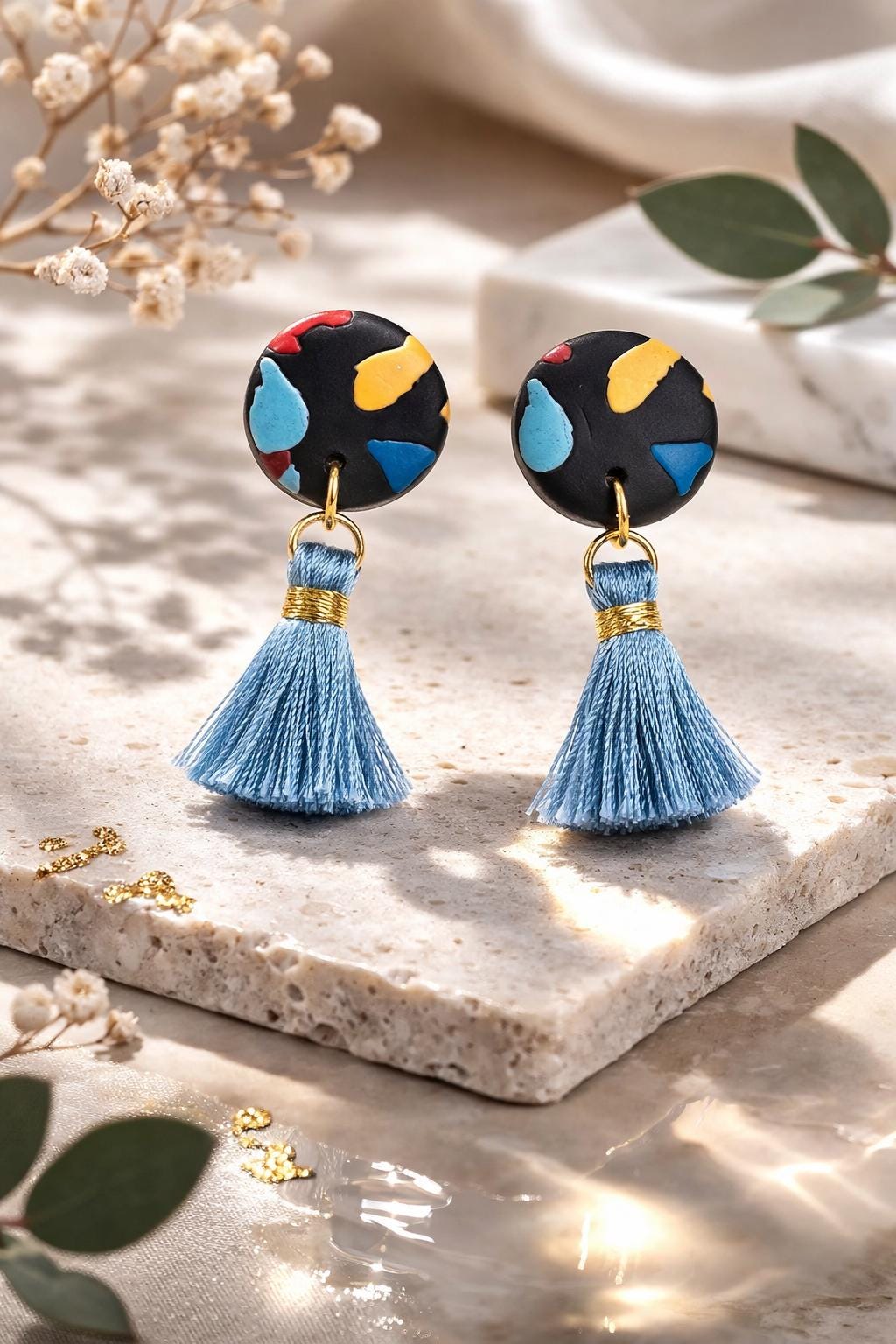 Handmade Polymer Clay Earrings – Abstract Colorful Dangle Earrings with Blue Tassels – Lightweight Statement Jewelry with Stainless Steel Ho