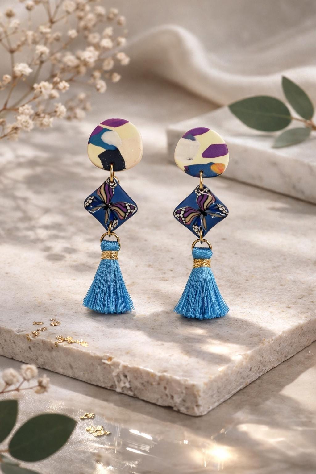 Handmade Floral Polymer Clay Dangle Earrings – Stainless Steel Hooks