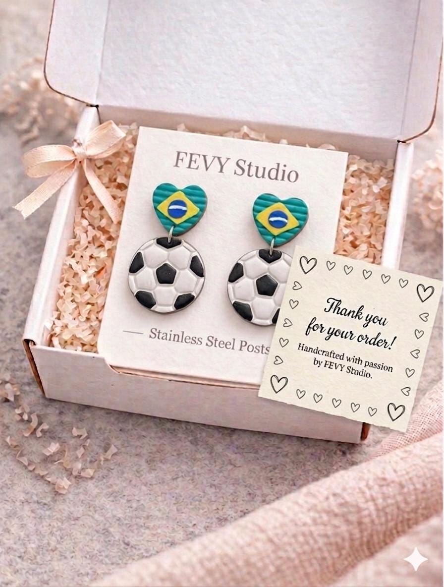 Brazil Soccer Earrings, Football Dangle Earrings, Brazil Flag Jewelry, Handmade Polymer Clay Earrings, Sports Fan Gift, Game Day Jewelry