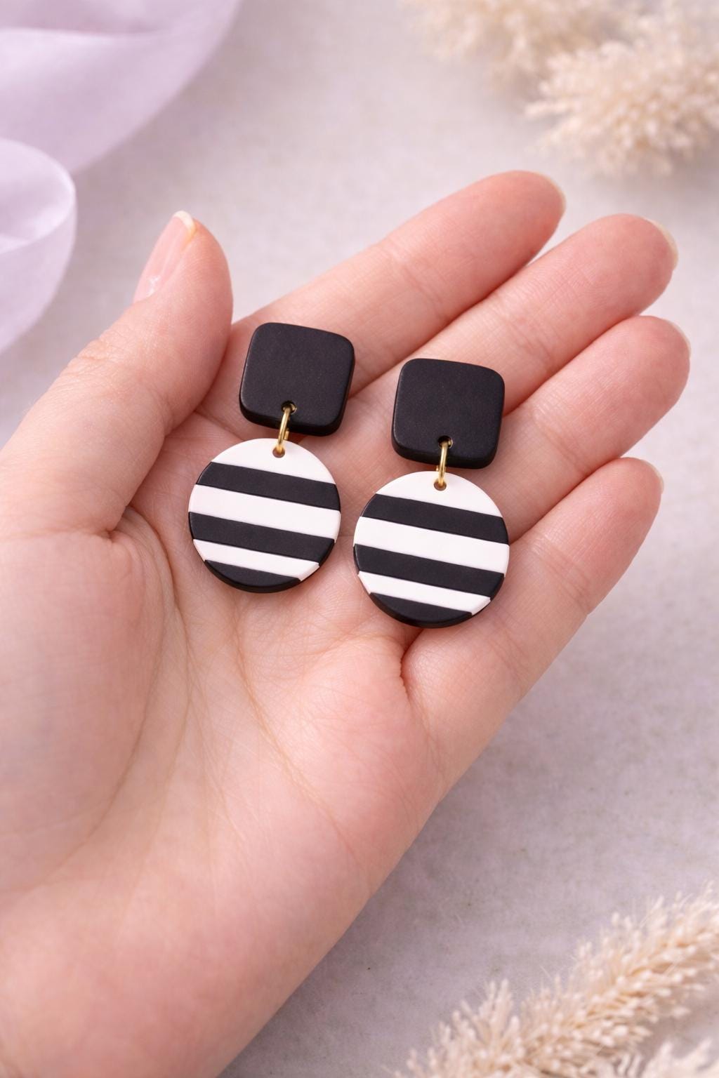 Black White Striped Statement Earrings | Modern Minimalist Dangle Polymer Clay Jewelry