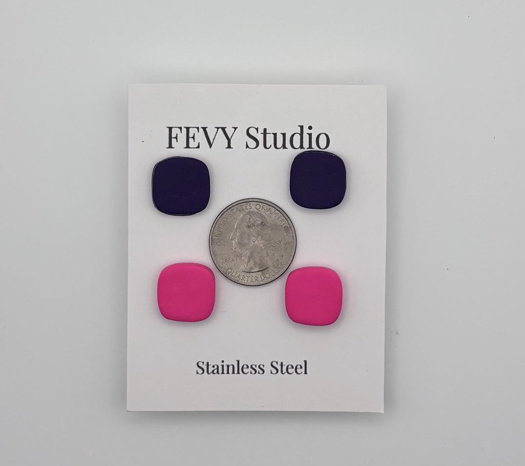 Pink & Dark Purple Stud Earrings Set, Polymer Clay Earrings, Stainless Steel Studs, Minimalist Square Earrings, Gift for Her
