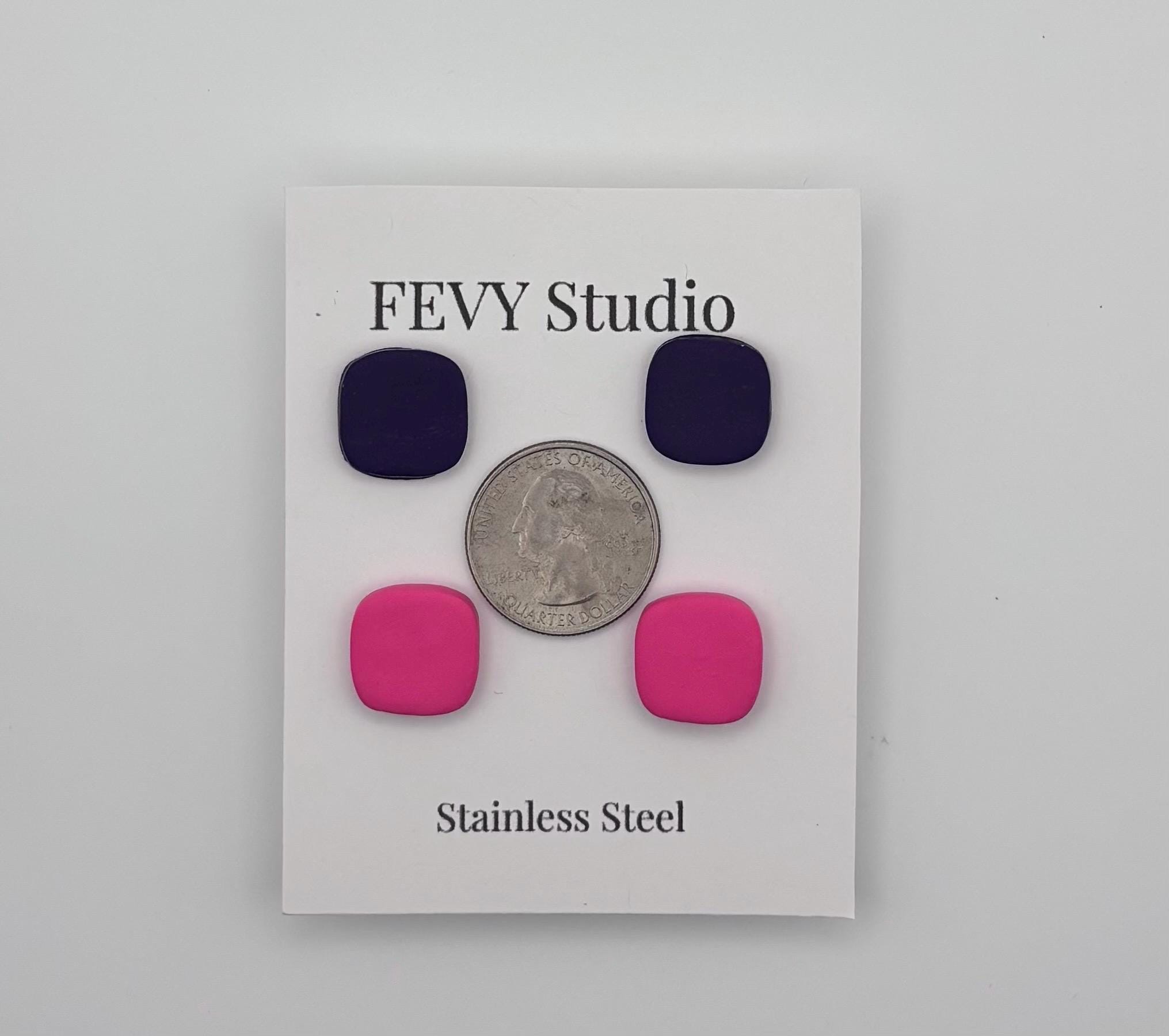 Pink & Dark Purple Stud Earrings Set, Polymer Clay Earrings, Stainless Steel Studs, Minimalist Square Earrings, Gift for Her