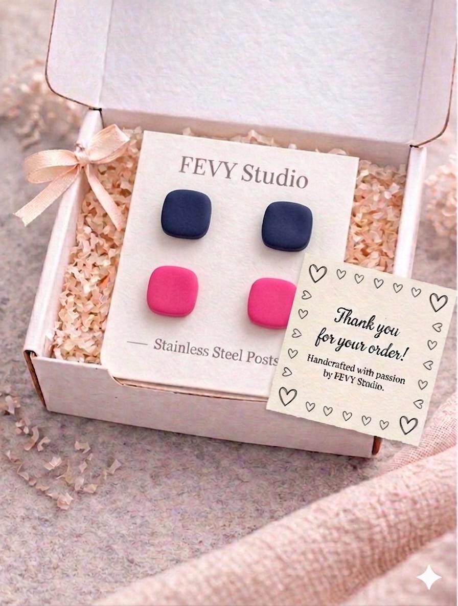 Pink & Dark Purple Stud Earrings Set, Polymer Clay Earrings, Stainless Steel Studs, Minimalist Square Earrings, Gift for Her